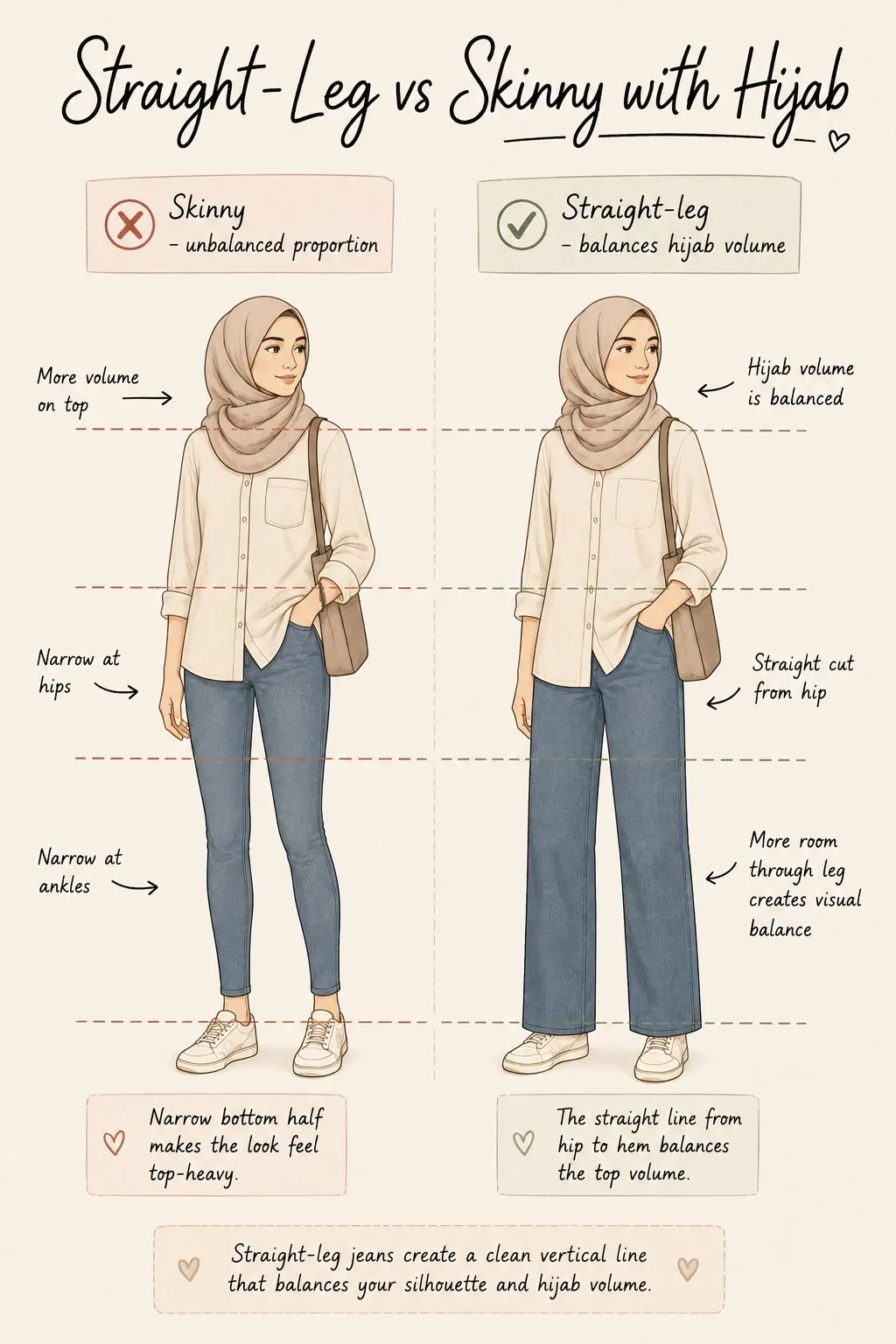 Styling tip diagram comparing straight-leg jeans to skinny jeans with hijab