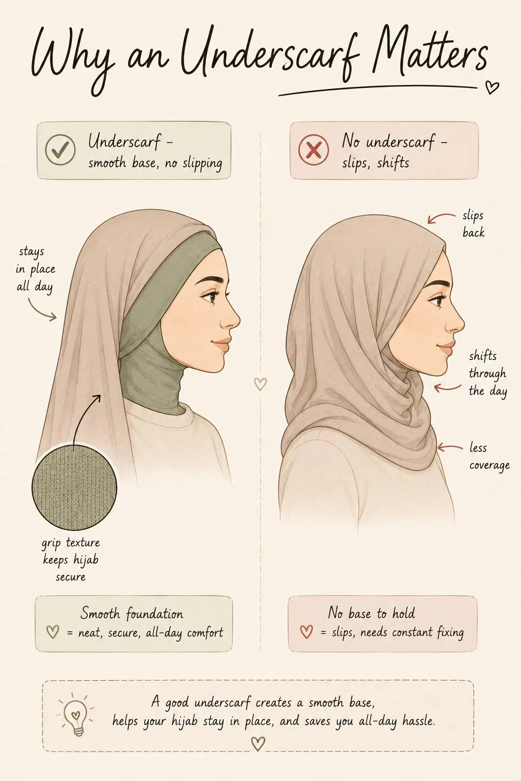Styling tip diagram showing why an underscarf prevents hijab slipping