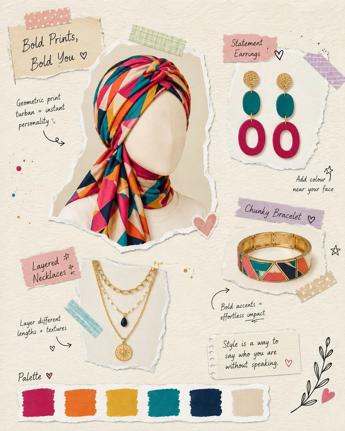 Vibrant patterned turban with bold accessories collage