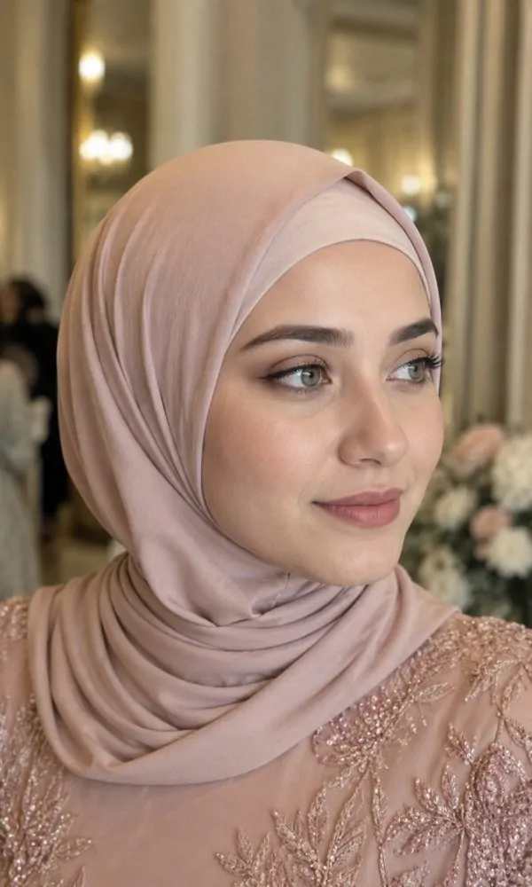 Woman wearing a soft pink flowing underscarf and hijab combination