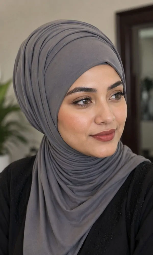 Woman wearing a structured gray multi-layer underscarf wrap