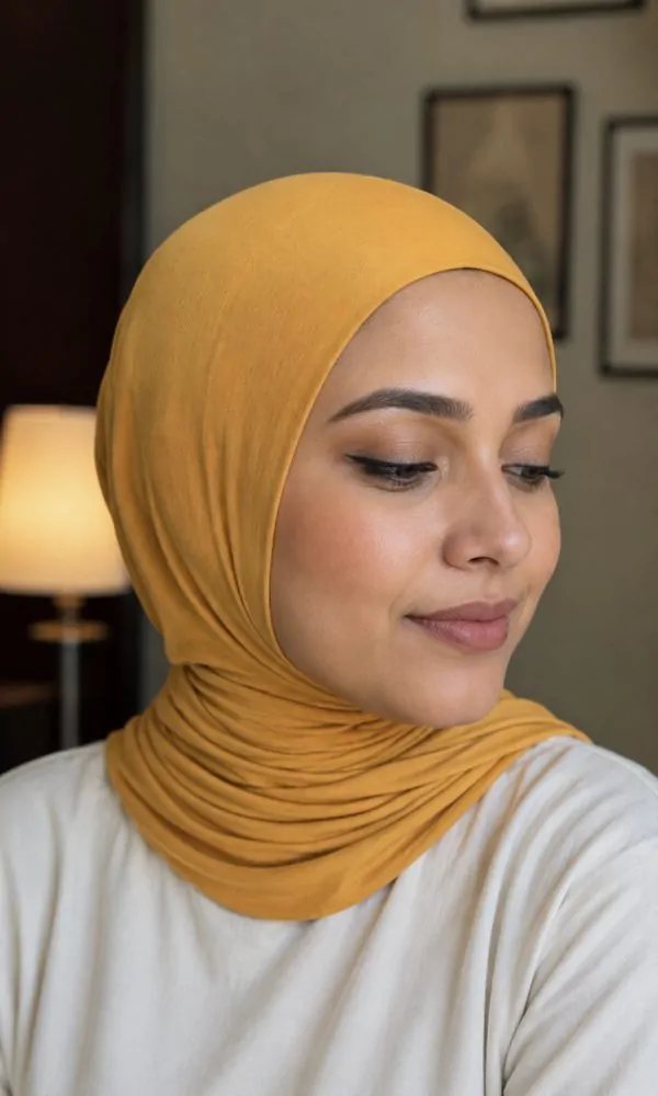 Woman wearing a mustard jersey seamless stretch underscarf