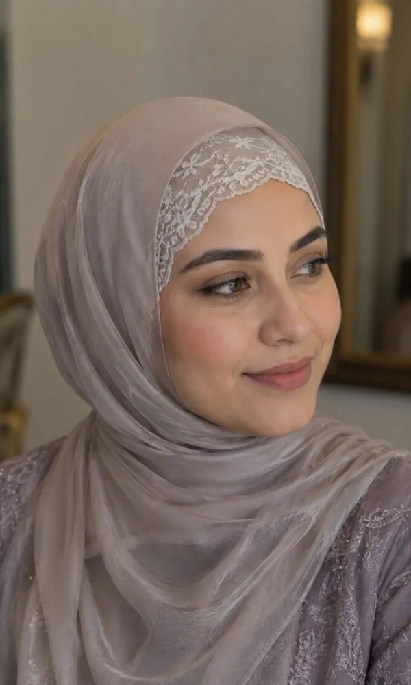 Woman wearing a delicate lace-trim underscarf under a silk hijab