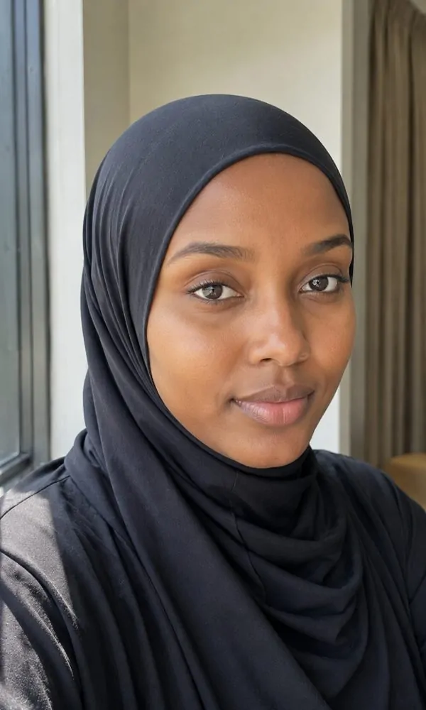 Woman wearing a simple seamless black jersey underscarf