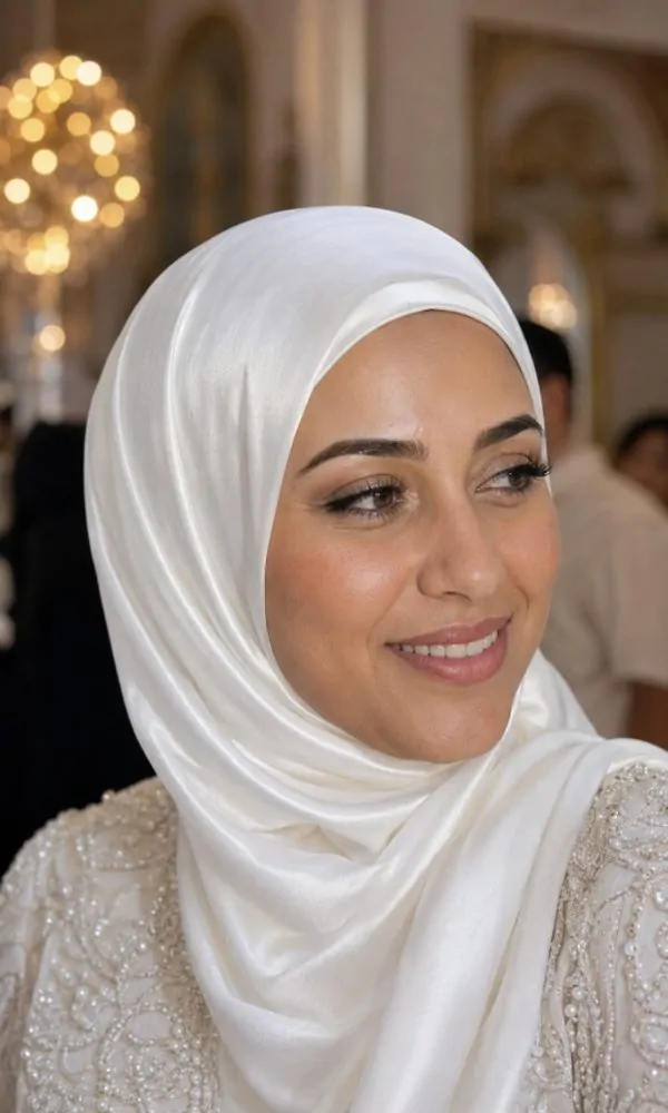 Woman wearing a white satin underscarf styled for a formal event