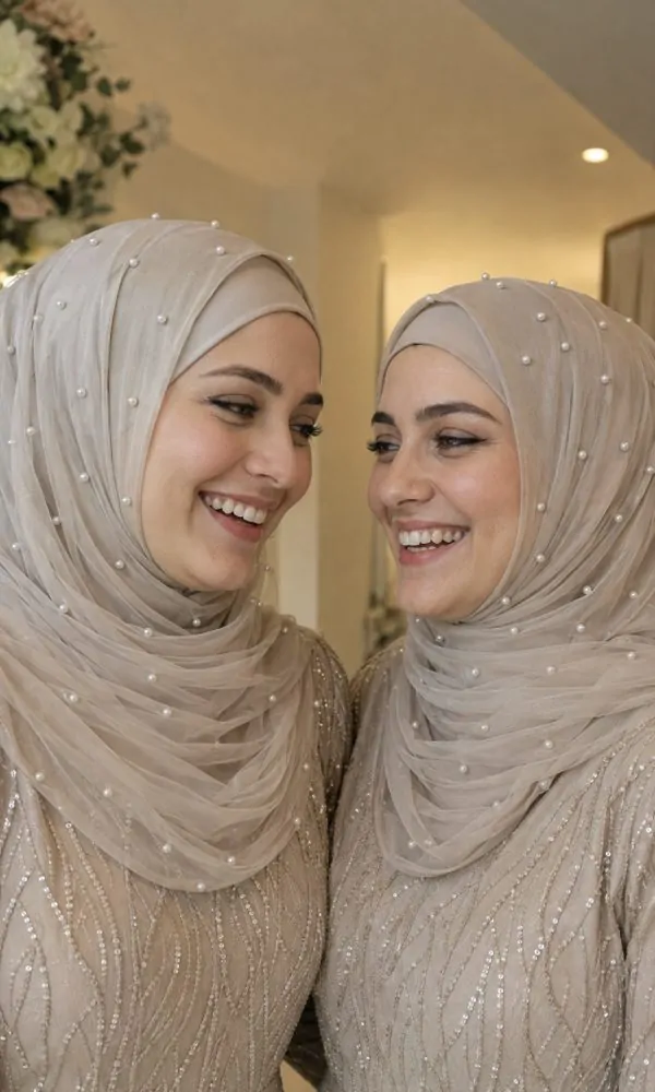 Two women wearing coordinated pearl-embellished hijab and underscarf styling