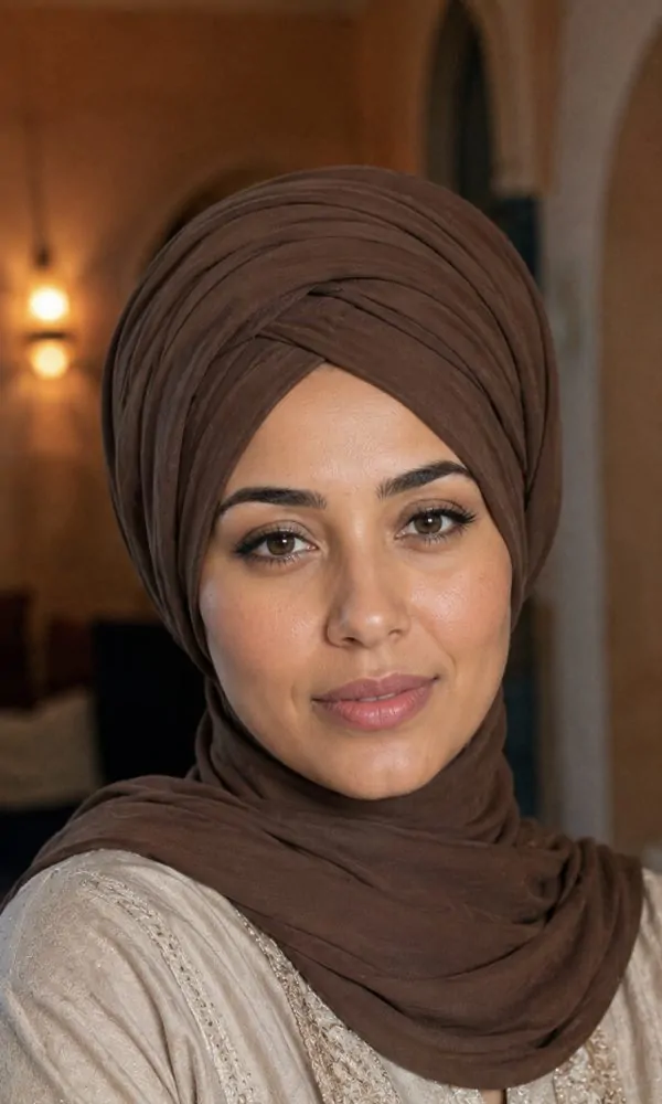 Woman wearing a twisted brown turban-style underscarf