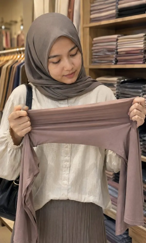 Woman testing the stretch of an underscarf fabric while shopping