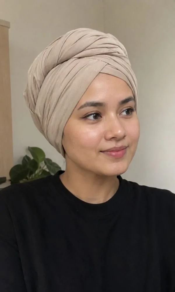 Woman wearing a classic beige turban-style underscarf