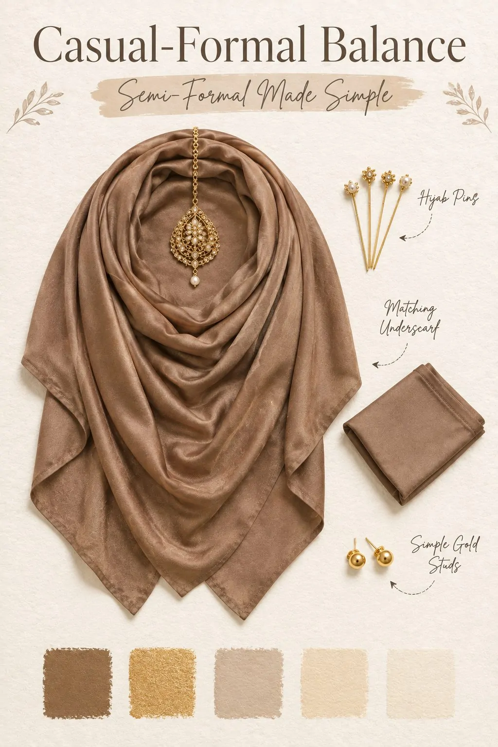 Semi-formal bronze hijab with gold maang tikka accessories guide