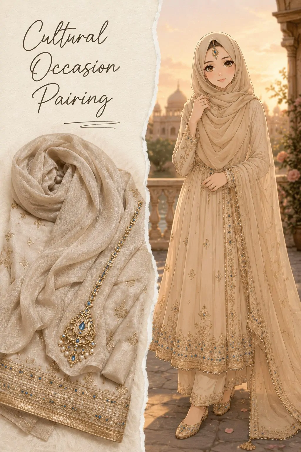 Cultural occasion pairing in beige and gold hijab with maang tikka collage