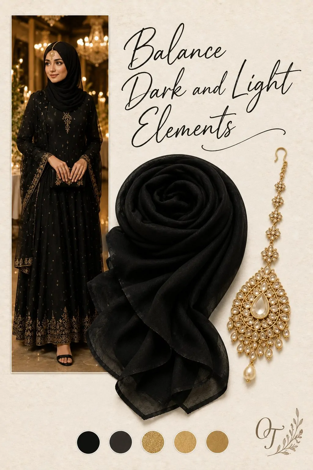 Black hijab with gold maang tikka balancing dark and light collage