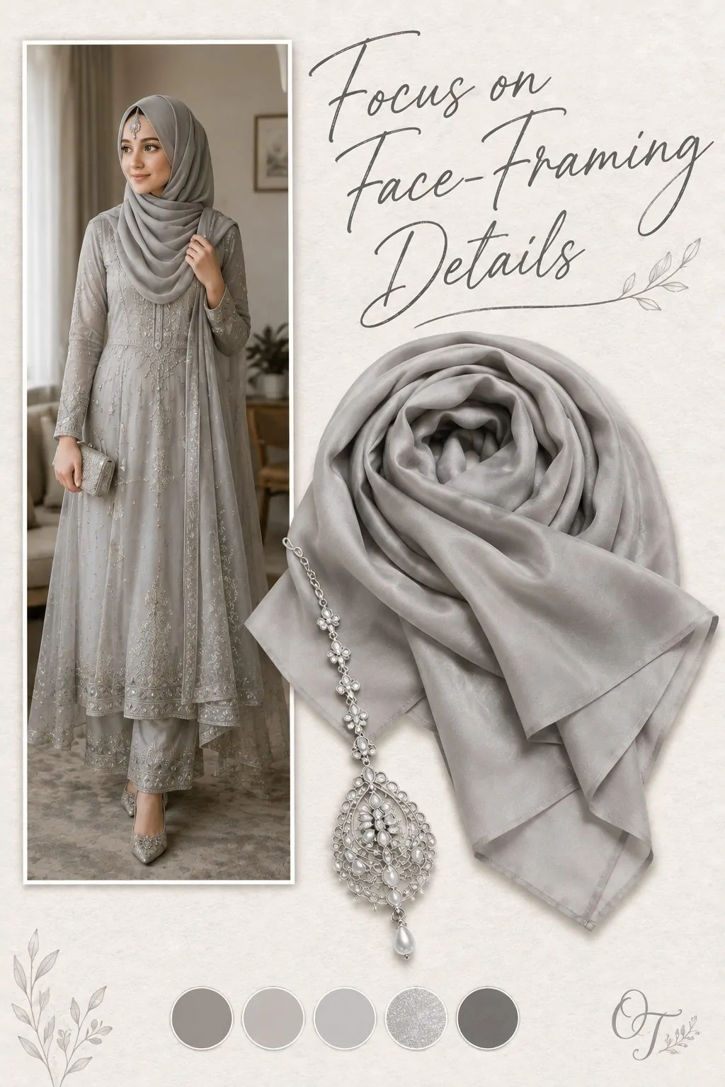 Face-framing gray hijab with silver maang tikka editorial collage