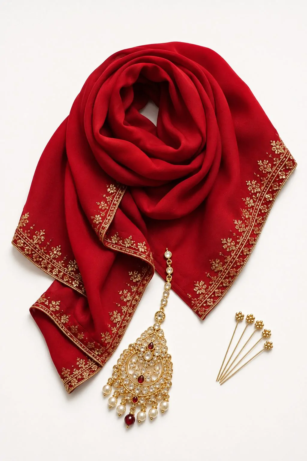 Red and gold embroidered hijab balancing heavy and light jewelry collage