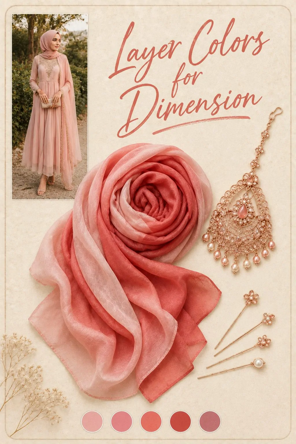 Pink and coral layered hijab with rose-gold maang tikka collage
