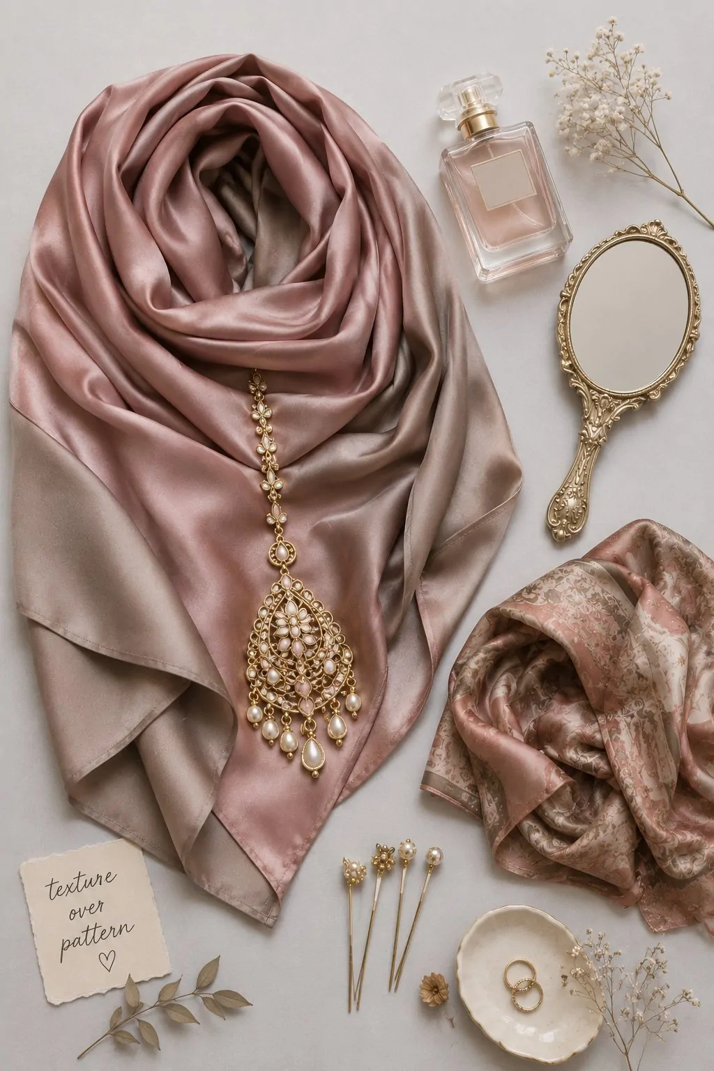 Rose satin hijab layered with textured gold maang tikka collage