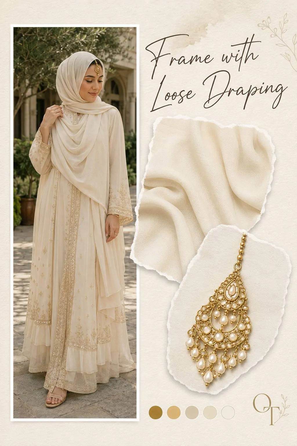 Loose draping hijab framing an ornate maang tikka collage
