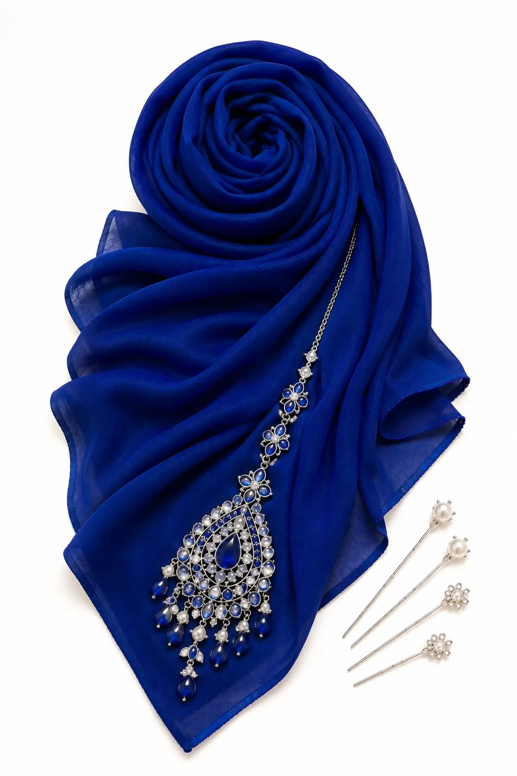 All-blue monochromatic hijab and maang tikka cutout collage
