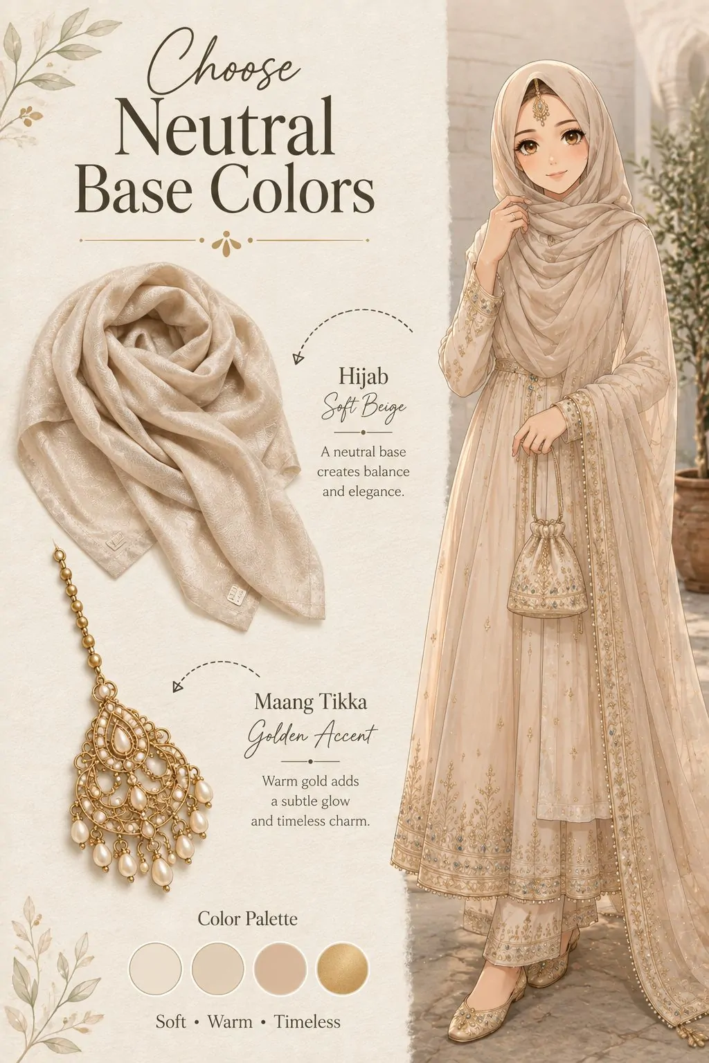 Neutral beige hijab base color with golden maang tikka collage