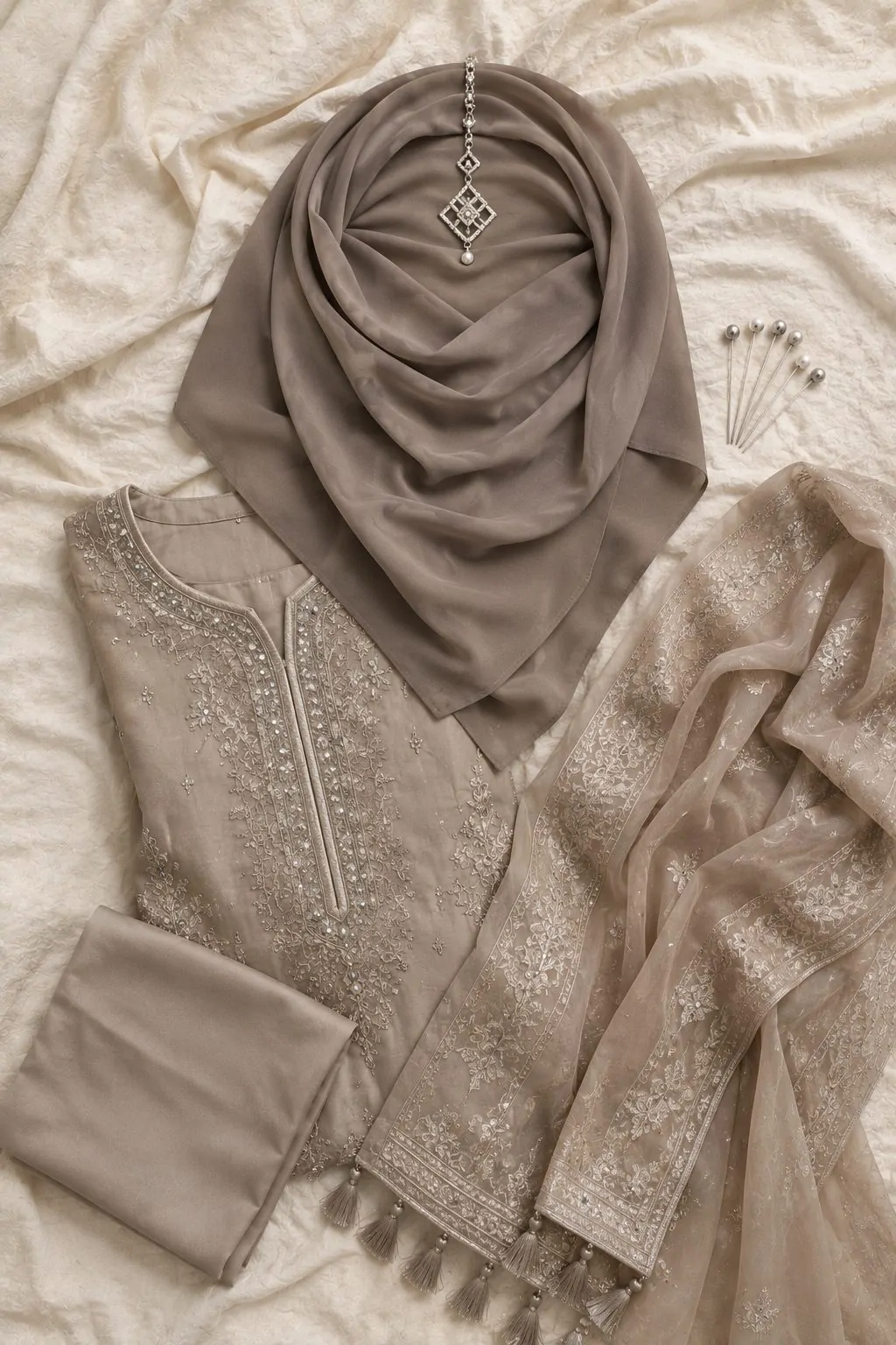 Structured taupe hijab with silver maang tikka flat lay