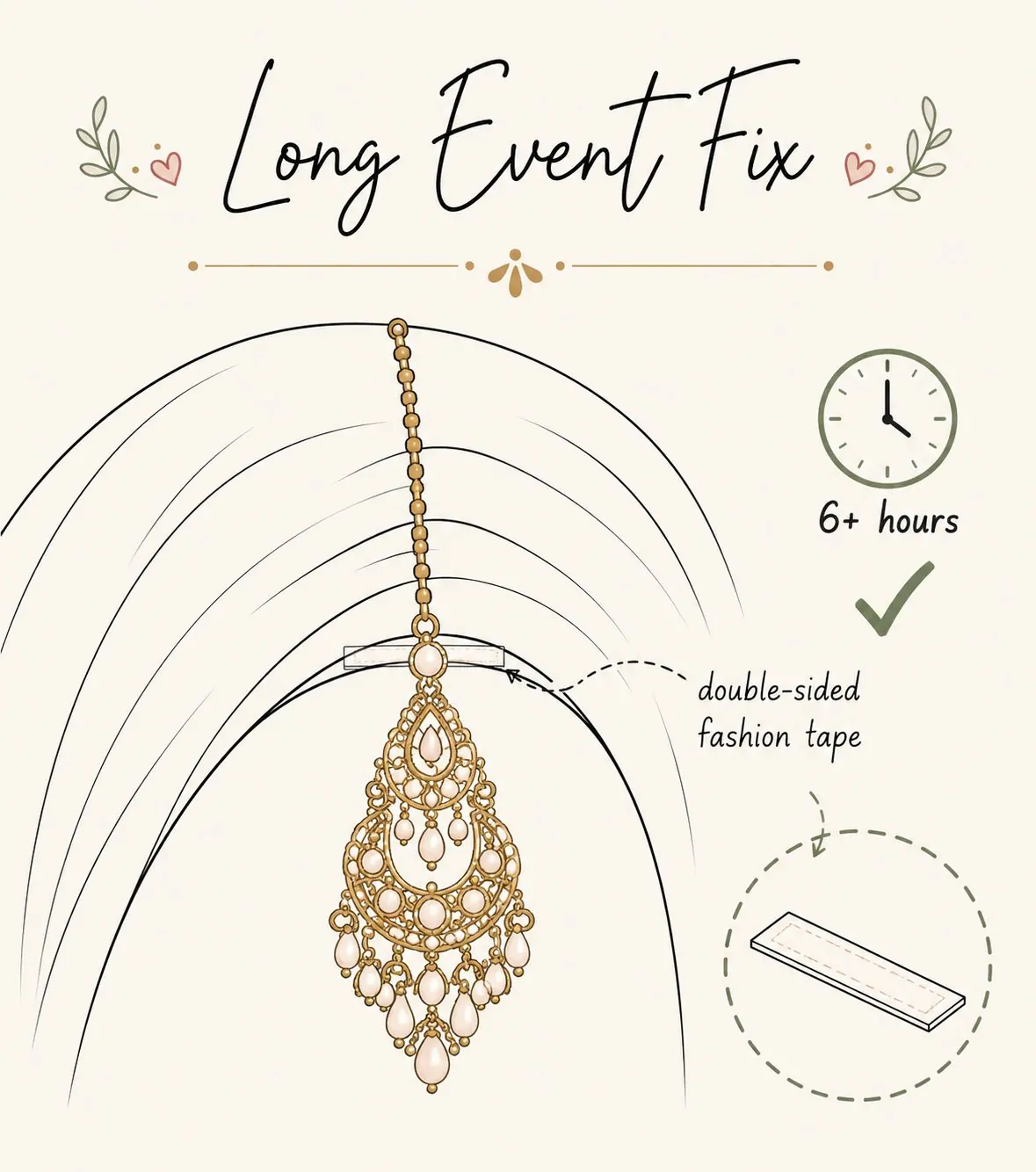 Styling tip diagram using fashion tape to secure a maang tikka for long events