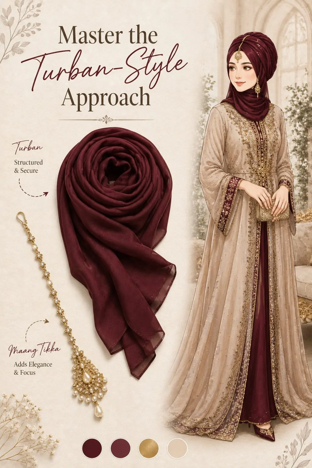 Turban-style burgundy hijab with hanging gold maang tikka collage