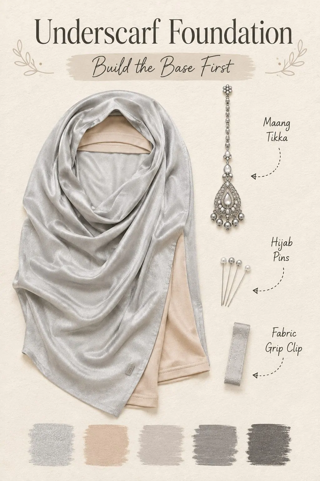 Underscarf foundation with silver hijab and maang tikka collage