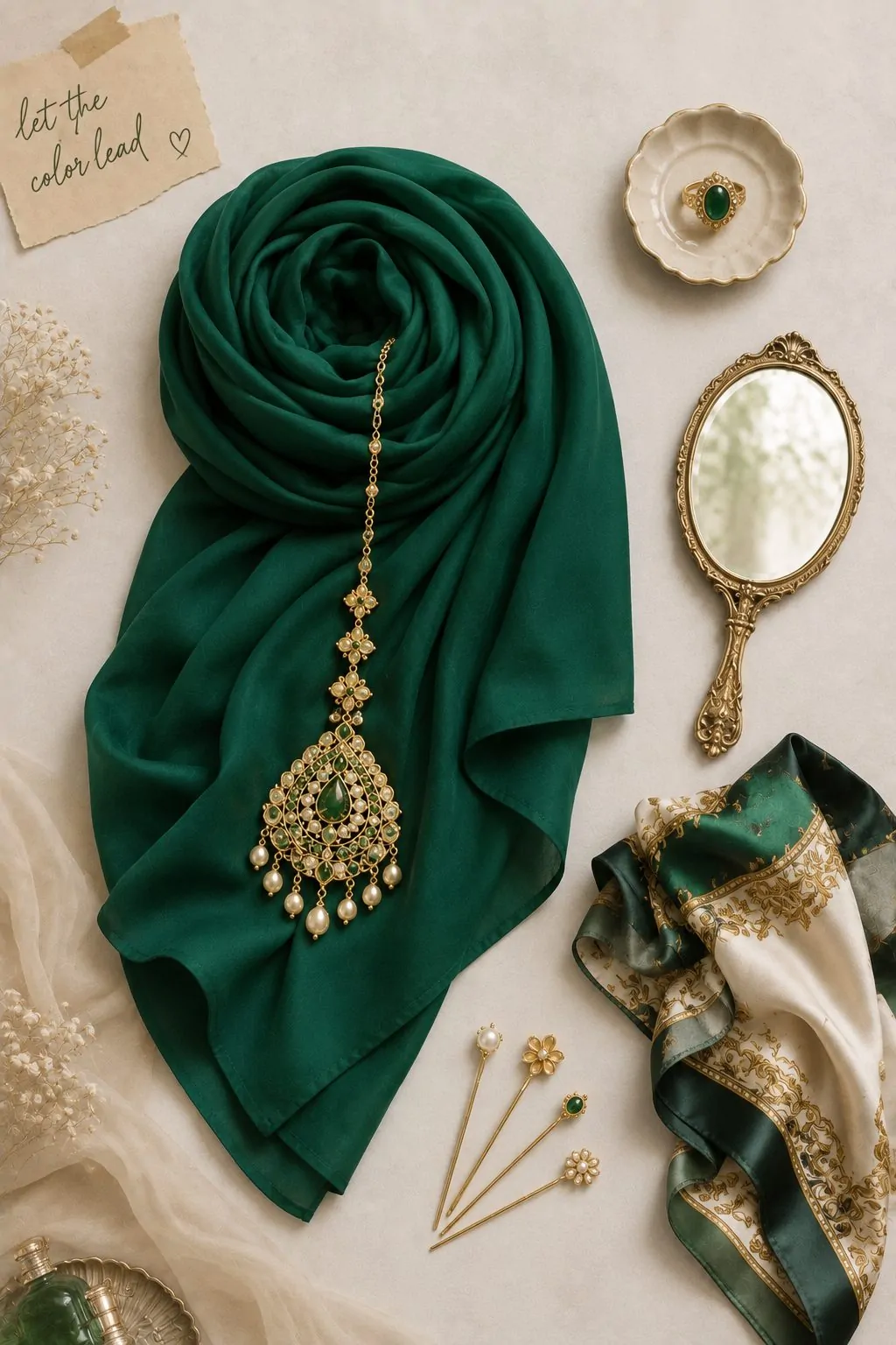 Emerald green hijab with gold maang tikka vibrant color moodboard