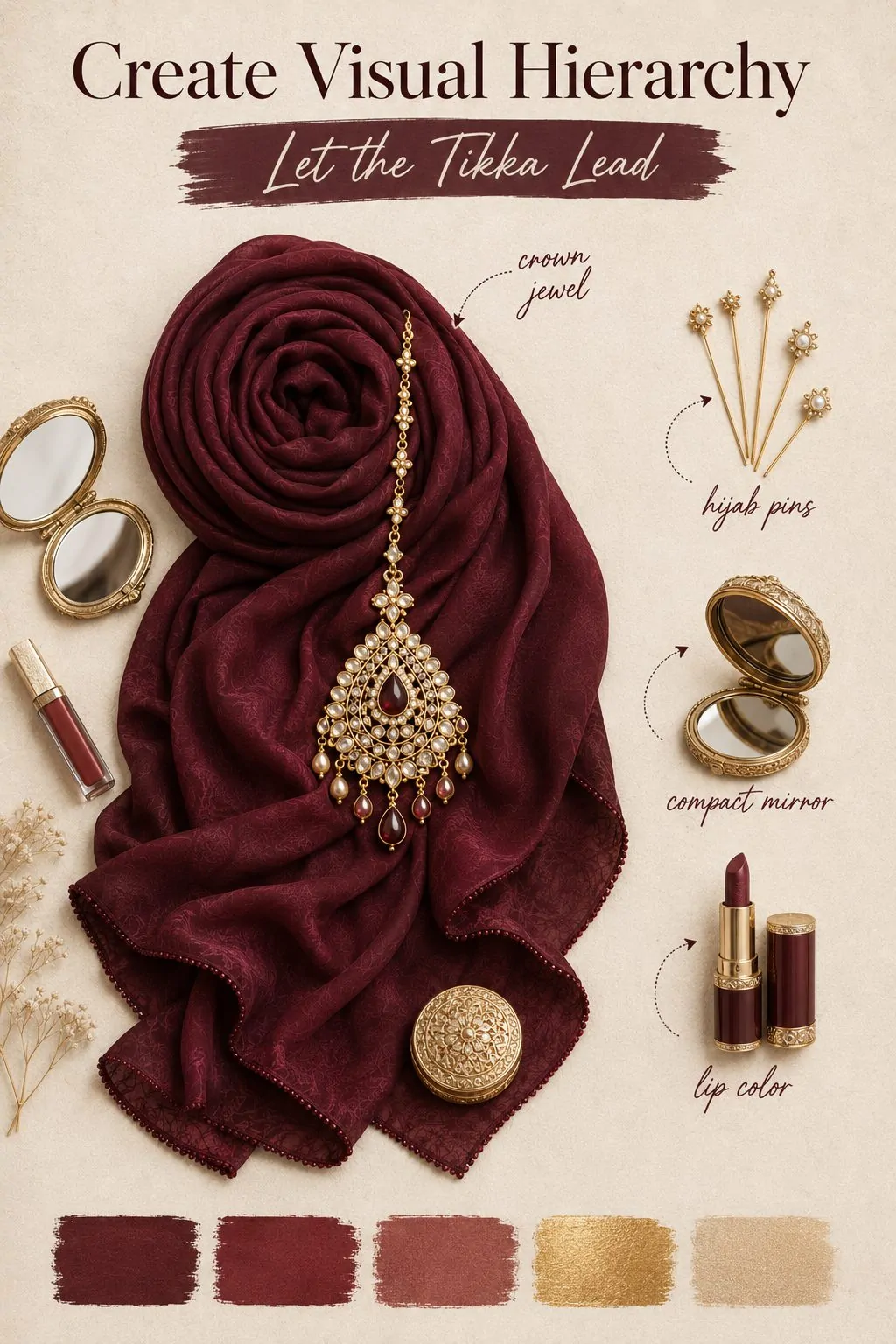 Burgundy hijab and gold maang tikka visual hierarchy styling guide