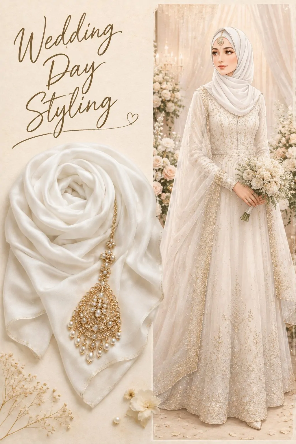 Bridal white hijab with elaborate maang tikka wedding day styling