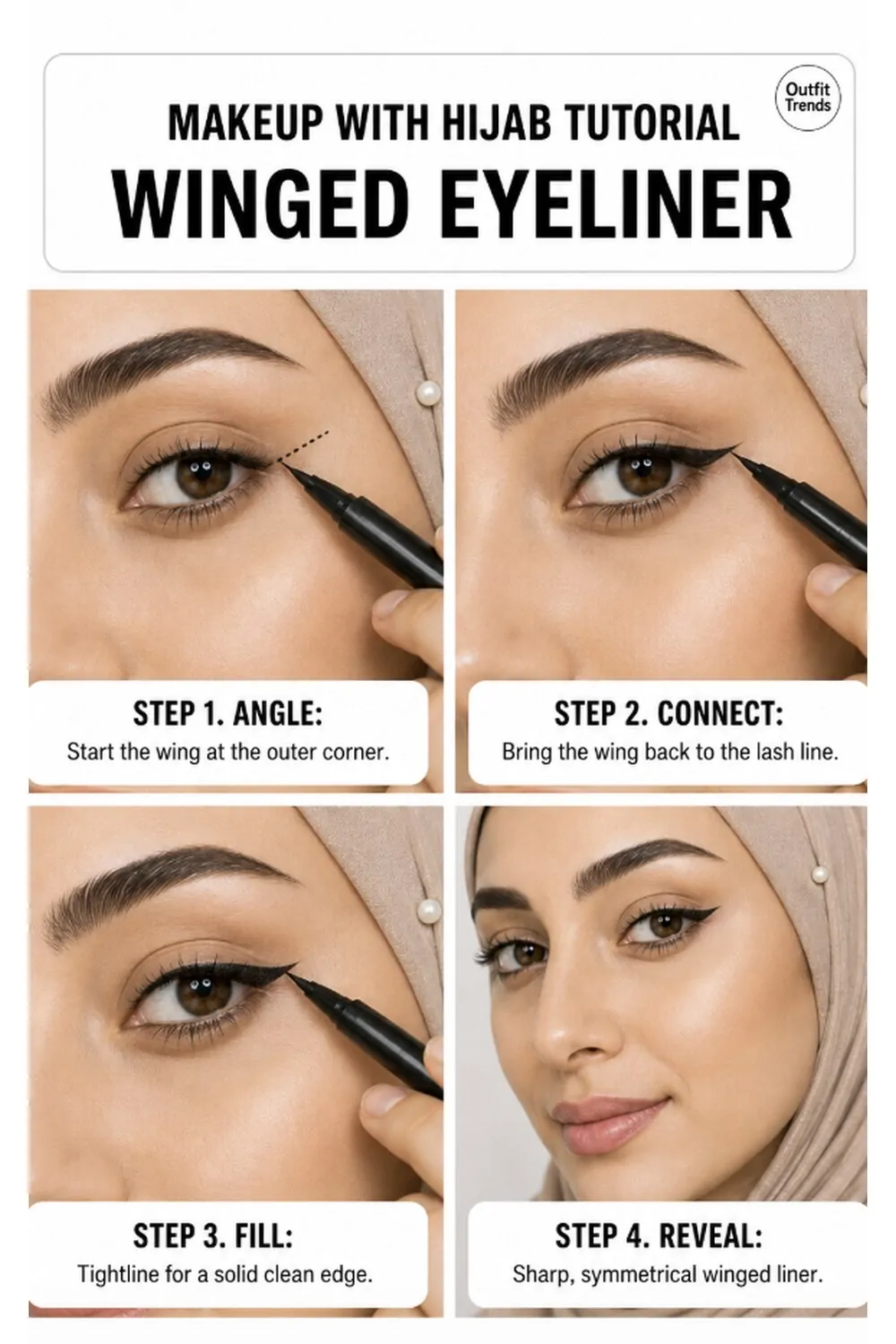 Winged eyeliner tutorial that reads clearly under hijab fabric