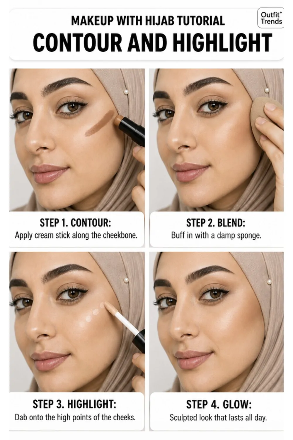 Contour and highlight technique that holds shape all day under hijab