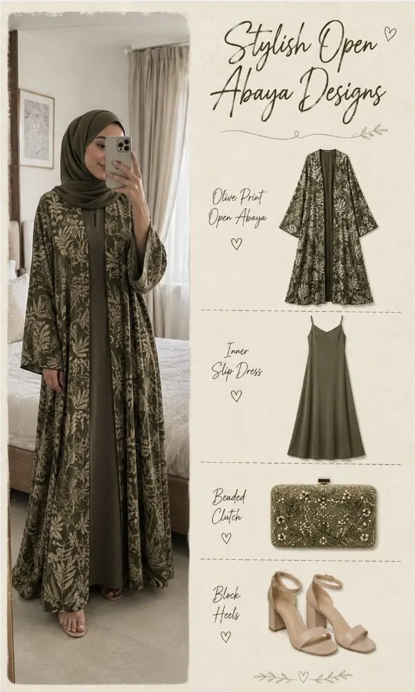 Olive Green Printed Open Abaya