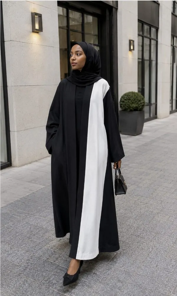 Black Open Abaya with White Side Panel