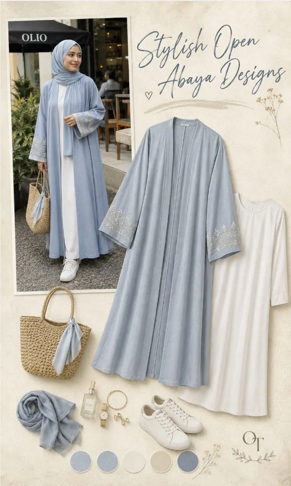 Light Blue Casual Open Abaya with Embroidered Cuffs