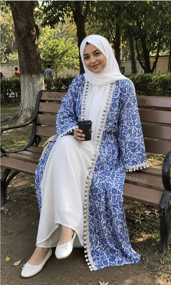 Blue and White Patterned Open Abaya with Pompom Trim