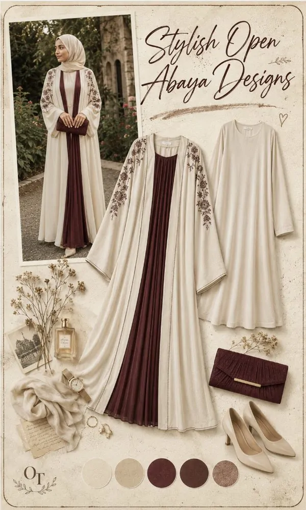 Cream Open Abaya with Burgundy Pleated Insert