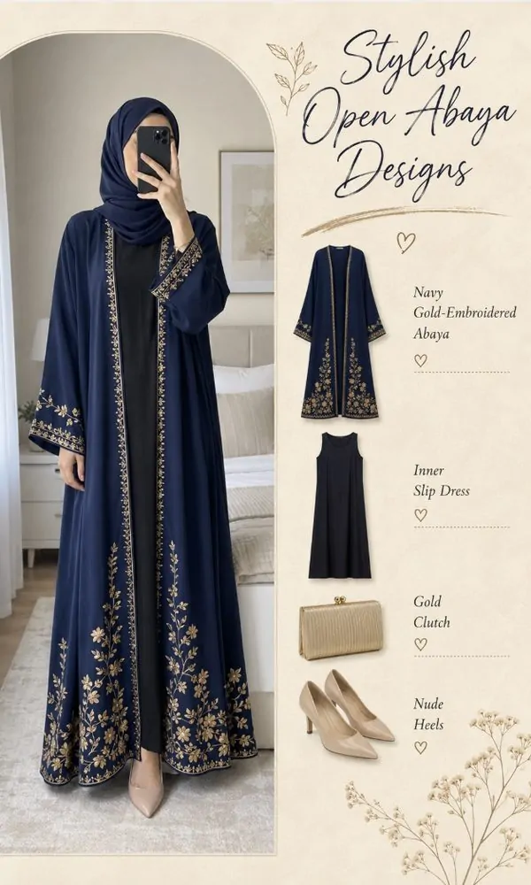Navy Blue Open Abaya with Gold Floral Embroidery