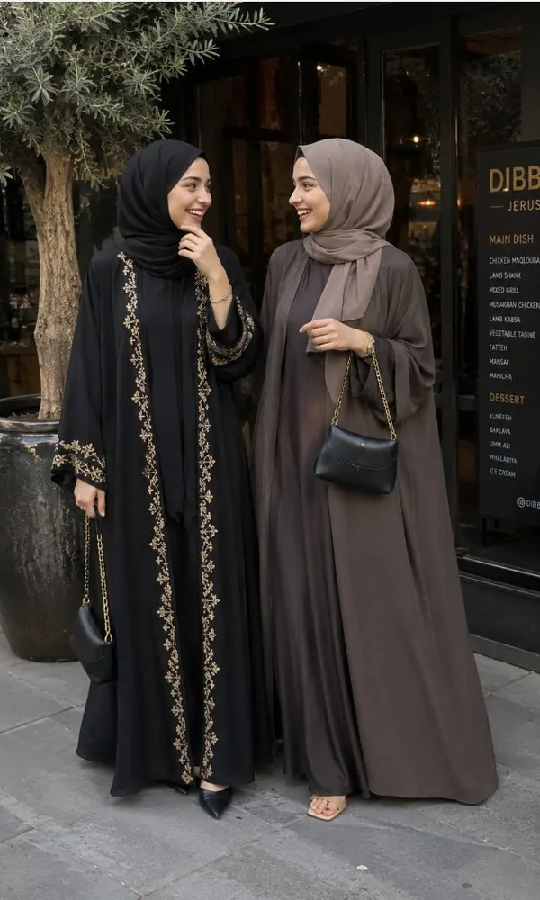 Black Open Abaya with Gold Embroidered Details
