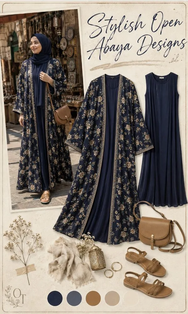 Navy Blue Floral Print Open Abaya