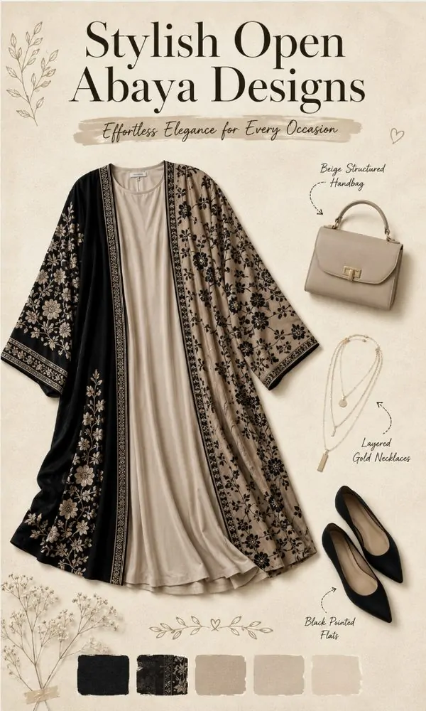 Black and Beige Mixed-Pattern Open Abaya