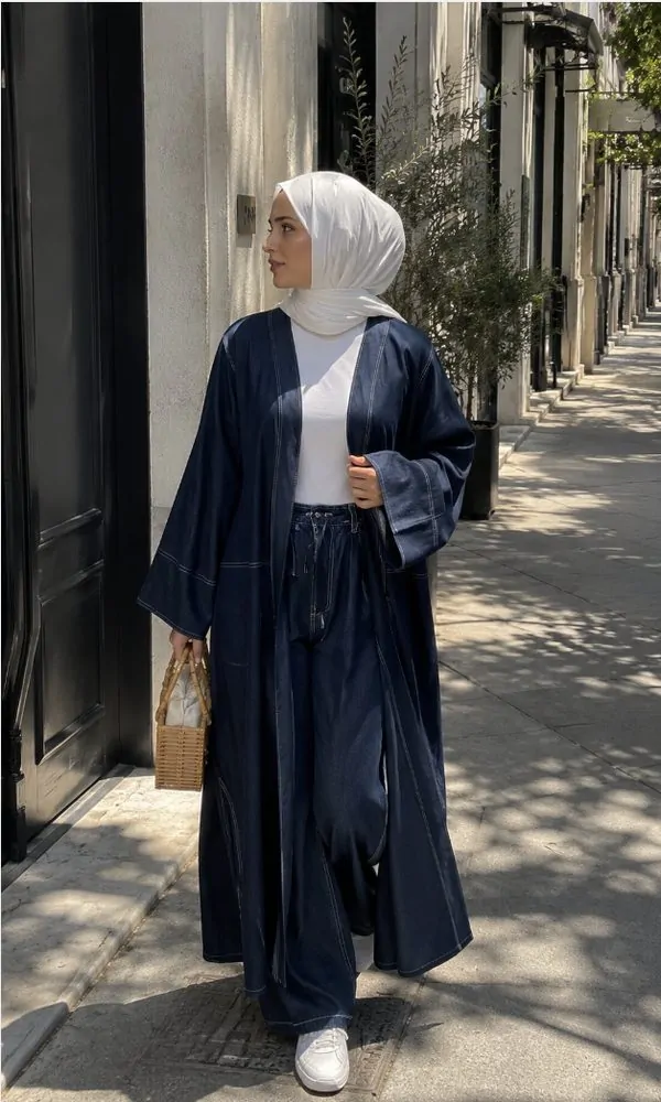 Navy Denim Open Abayas for Everyday Wear
