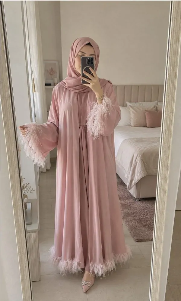 Pink Open Abaya with White Feather Trim