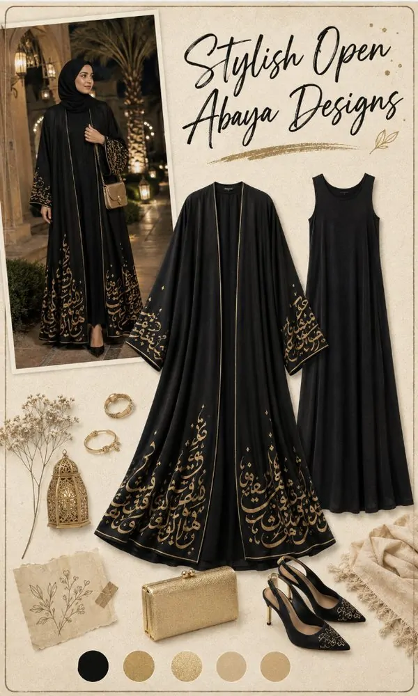 Black Open Abaya with Gold Arabic Calligraphy
