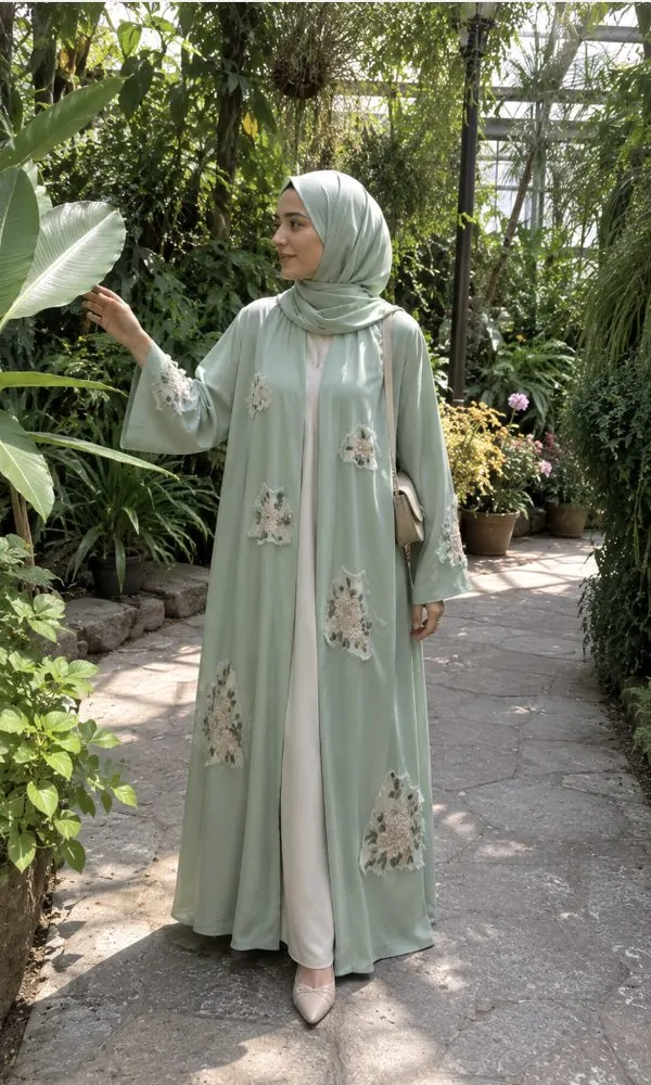 Mint Green Open Abaya with Floral Patches
