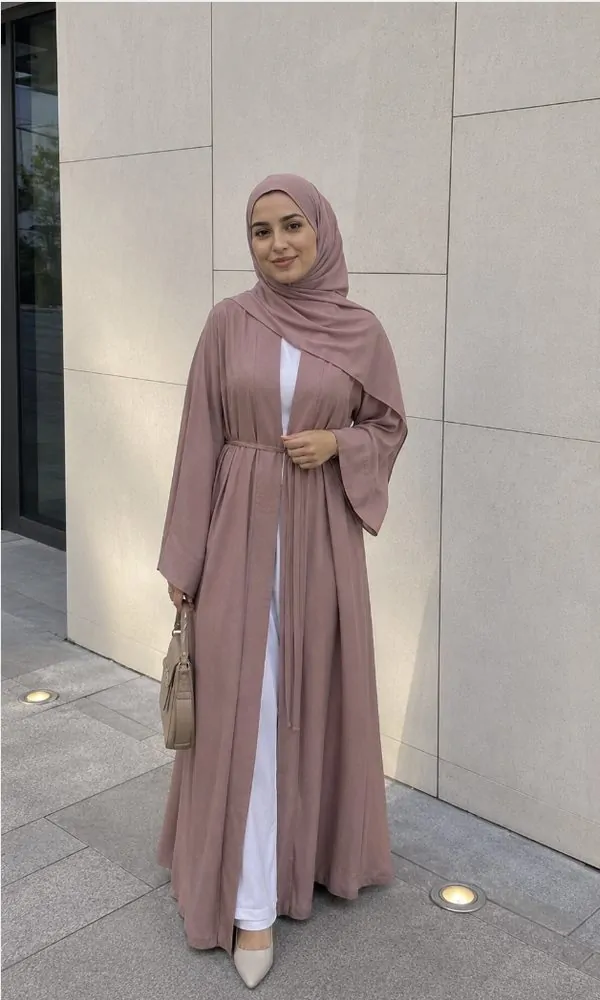 Dusty Pink Open Abaya with Belt