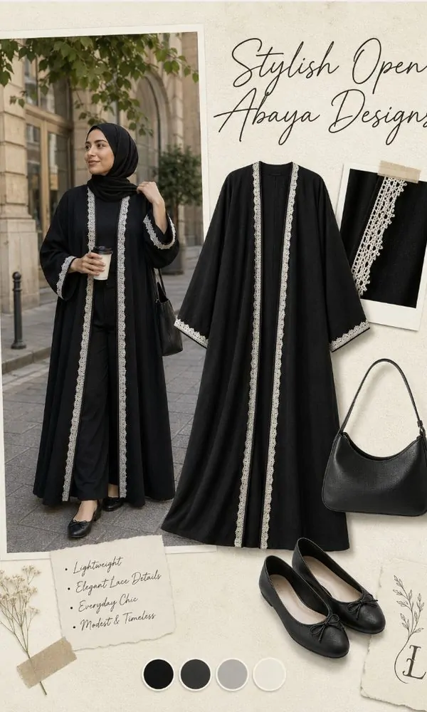 Black Open Abaya with White Lace Trim