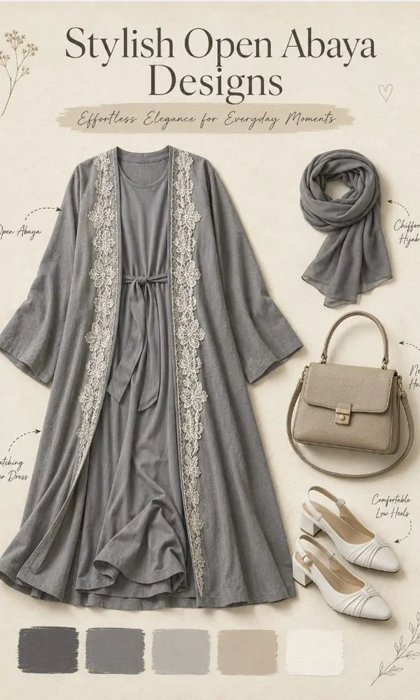 Grey Open Abaya with White Lace Appliqué