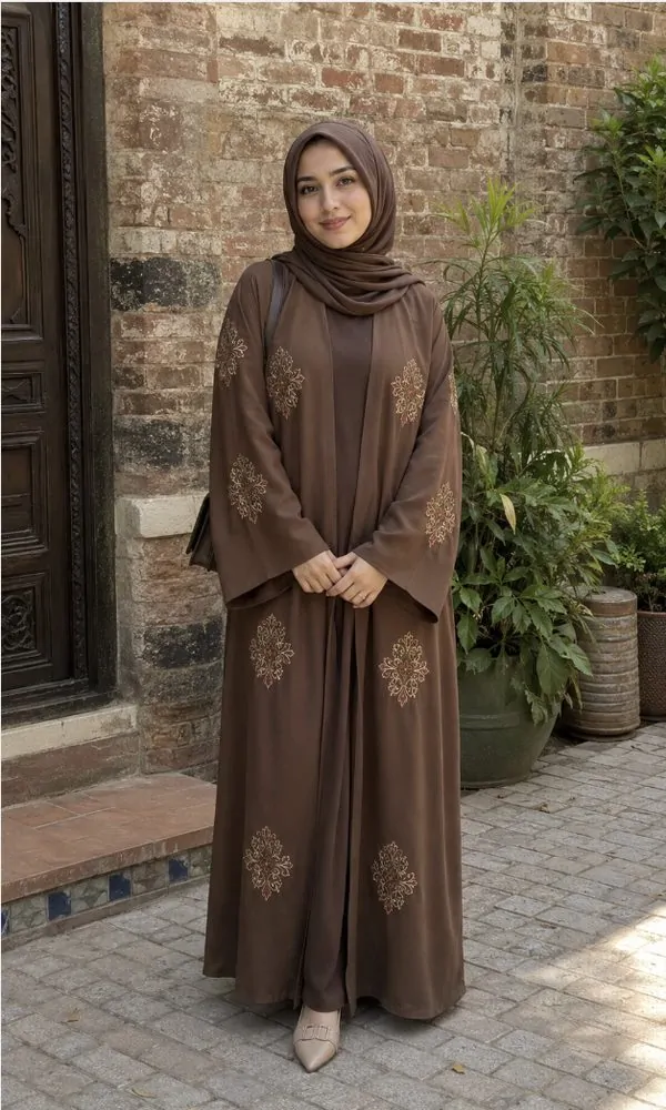 Brown Open Abaya with Vintage-Inspired Patches