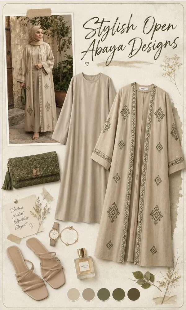 Beige Open Abaya with Green Geometric Embroidery